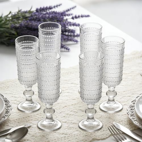 GOROGILE 6 PCS Vintage Champagne Flutes, 5 oz Clear Goblet Champagne Glasses, Hobnail Drinking Glasses Ideal for Party Wed...