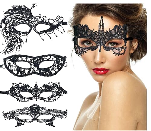 AICOC Masquerade Mask for Women Halloween Costume Lace Eye Masks 4 Pack