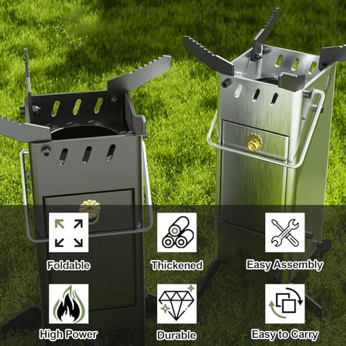 Portable Foldable Wood Stove for Camping Tents, Multi-Functional Steel Rocket Stove, Lightweight Black Camping Cookware, P...