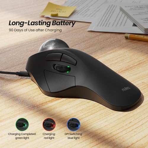 Nulea Wireless Ergonomic Trackball Mouse, Rechargeable, Bluetooth Rollerball Mouse, 44mm Index Finger Trackball, 5 Adjusta...