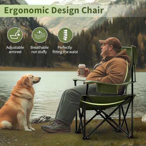 Heavy Duty Folding Chair 500LB Capacity, Oversized Camping Chairs with Cup Holder, Cooler Bag & Storage Pouch, Double-Laye...