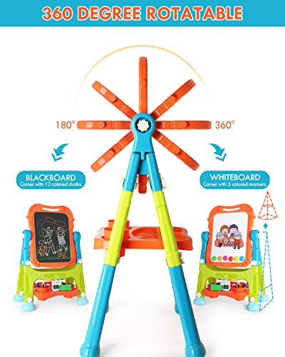 Lehoo Castle Easel for Kids, 4 in 1 Double Sided Kids Art Easel with Magnetic White Board & Chalk Board, Adjustable Standi...