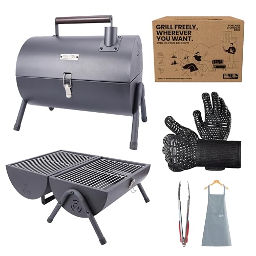 Mini Portable Charcoal Grill & Small Tabletop BBQ - Tailgate Camping Travel Grill for Balcony - Barrel Style w/Griddle & P...