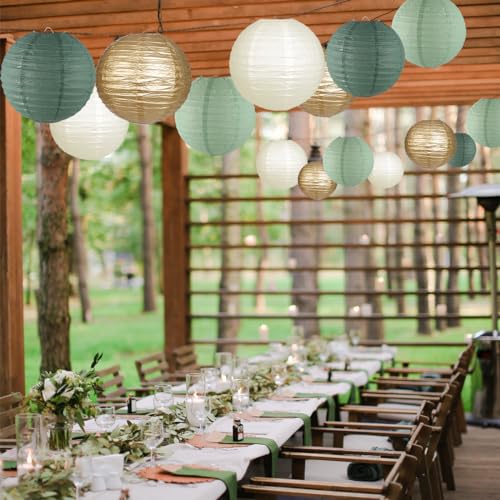 zilue Paper Lanterns Decorative, Round Hanging Paper Lanterns Decorations for Rustic Party Bridal Shower Wedding Sage Gree...