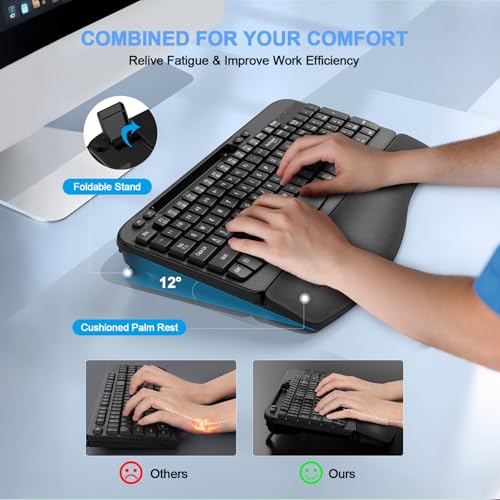 Ergonomic Wireless Keyboard with Cushioned Wrist Rest, Wave Keys, Phone Holder, Comfortable Natural Typing, 2.4GHz Full Si...
