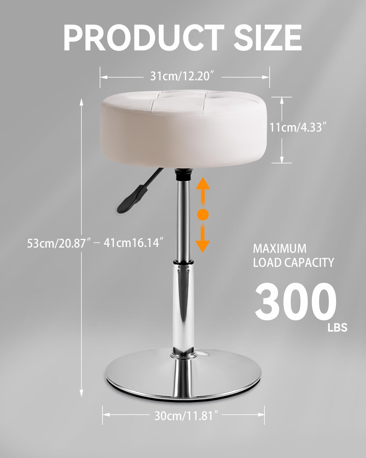 IBUYKE Height Adjustable 360°Swivel Vanity Stool, Tufted Round Vanity Chair for Makeup Room, Faux Leather Vanity Stool for Bathroom, Living Room, Modern Ottoman, White WBD025W