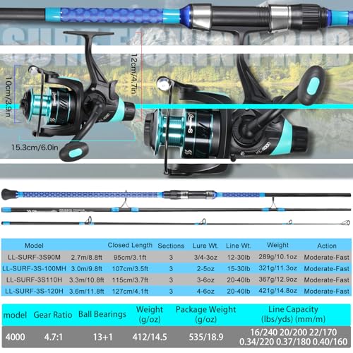Sougayilang 3 Piece Baitfeeder Combo Surf Fishing Rod Combo Medium/Heavy Travel Spinning Rod with 4000 Size Reel (9'/10'/1...