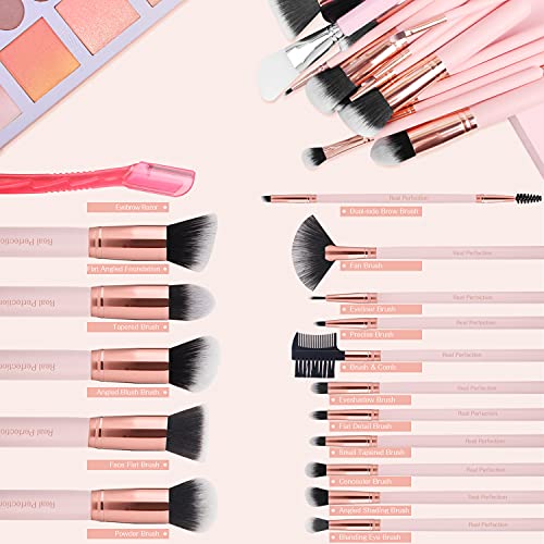 Real Perfection Makeup Brush Set 16 Pcs with 1 Eyebrow Razor Premium Synthetic Foundation Powder Concealers Eyeshadow Blus...
