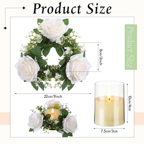 Yunlly 12 Pcs Valentine Candle Rings Wreaths 3 Inch Wedding Centerpiece LED Flameless Candles Rose Eucalyptus Rings for Ta...