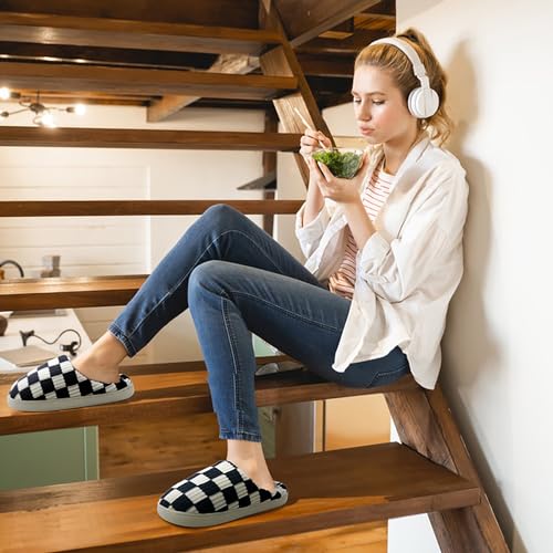 Jogyew Women House Fuzzy Slippers - Plaid Scuff Checkered Slip-on Memory Foam Indoor Outdoor Comfortable Soft Slides