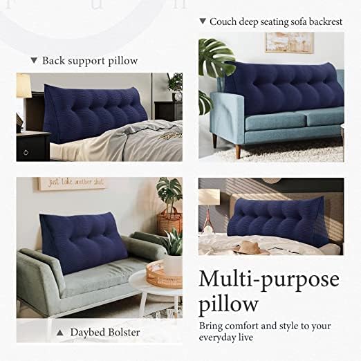 Wedge Headboard Pillow Dorm Room Reading Pillow Back Support for Sitting Up in Bed Bolster Lumbar Cushion Body Positioning Bedrest Corduroy (Navy Blue, Queen (59 * 8 * 20in))