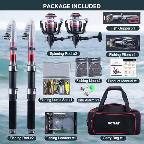 Goture Fishing Rod and Reel Combos-2PCS Telescopic Fishing Pole+2PCS Pre-Loaded Spinning Reels with Carrier Bag,1.8M-2.7M ...