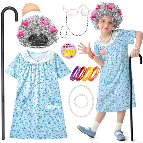 Jeowoqao Old Lady Costume for Kids, 100 Days of School Costume Girls Old Lady Dress，Granny Wig with Wig Cap Grandma Dress ...
