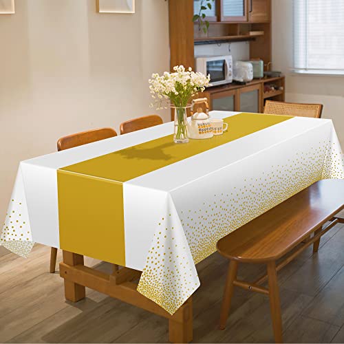 OHOME 4 Pack Disposable Plastic Table Cloths for Parties,White and Gold Rectangle Table Covers for Fall Decor Wedding Brid...