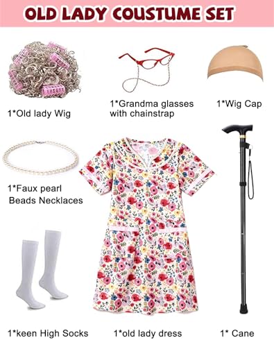 VersaCharm Kids 100 Days of School Costume for Girls, Old Lady Costume wig dress and Granny Grandma Set for Child