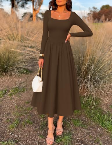 ZESICA Spring Dresses for Women 2026 Elegant Classy Square Neck Long Sleeve Flowy Wedding Guest Party Midi Dress