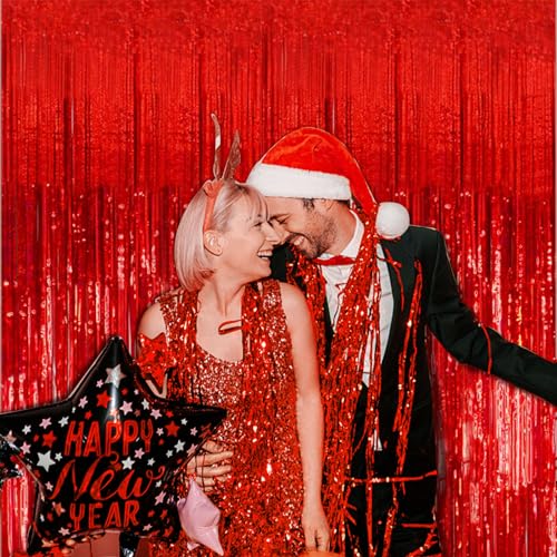 2 Pack Red Streamers Party Backdrop Christmas Decorations Foil Fringe Backdrop Curtains Carnival Casino Theme Birthday New...