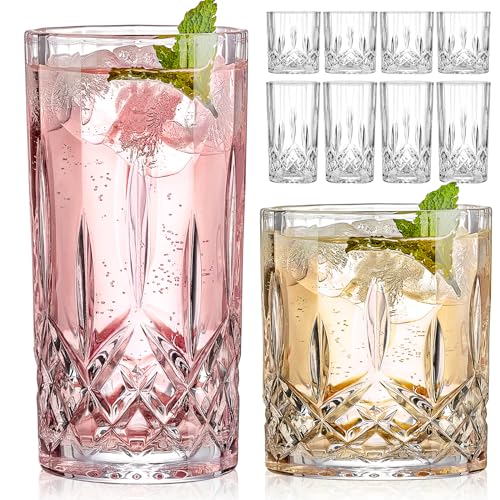 Qipecedm Drinking Glasses, 8 Piece Crystal Glass Cups, Mixed Glassware Set, 4 pcs Crystal Old Fashioned 11oz Highballs and...