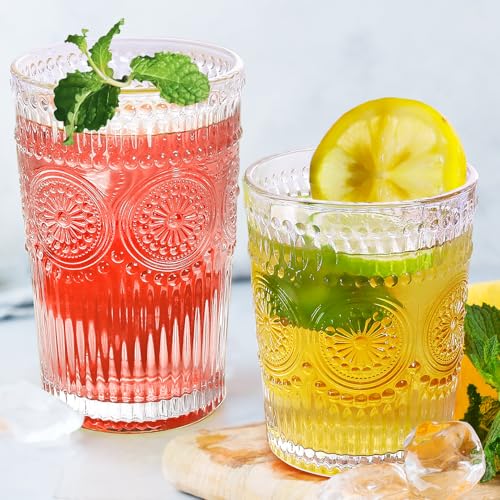 Loivttvv 12pcs Vintage Drinking Glasses Set, 12 oz Highball Glasses & 9 oz Embossed Ribbed Glassware Cups for Cocktail, Wa...
