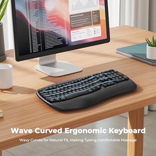 MEETION Wireless Ergonomic Keyboard, Wave Keys Firm Wrist Rest for Natural Typing, 2.4G USB-A Cordless Receiver and USB-C ...