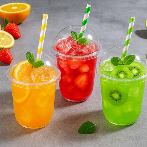 tchrules 12 oz Clear Plastic Cups with Dome Lids, Disposable Cold Drink Cups for Boba Bubble Tea, Iced Coffee, Smoothies, ...