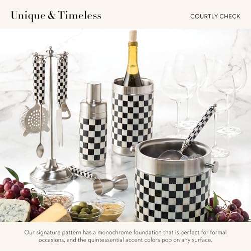 MACKENZIE-CHILDS 3260 20-Ounce Cocktail Shaker, Stainless-Steel Shaker Cup with Lid, Black-and-White Courtly Check