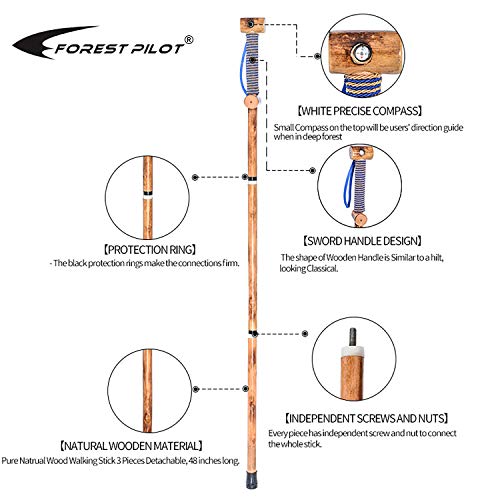 FOREST PILOT 3pc Detachable Hardwood Walking Stick for Hiking with Compass 48 Inches - Soft Hand Strap - Rubber Tip Cover