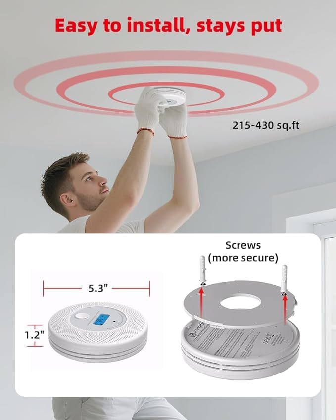 KIMROG 10-Year Sealed Battery 2-in-1 Smoke & Carbon Monoxide Detector Alarm | Home/Garage Combo CO & Smoke Alarm Detector with Backlit LCD Display & V-0 Flame-Retardant Housing(2-Pack)