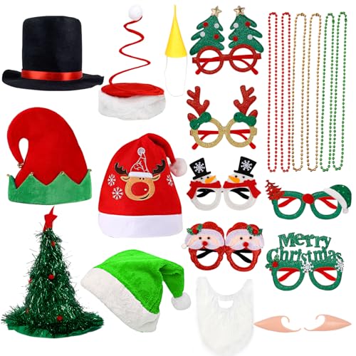 21 Pcs Funny Christmas Party Photo Booth Props Kit - Includes 6 Christmas Hats, 6 Xmas Glasses, 6 Festive Necklaces, White...