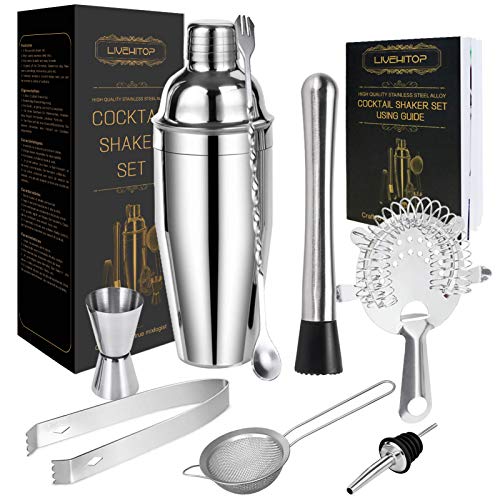 LIVEHITOP Cocktail Shaker Set, Stainless Steel Bartending Kit with 25 oz Martini Shaker, Jigger, Strainer, Mixing Spoon, M...