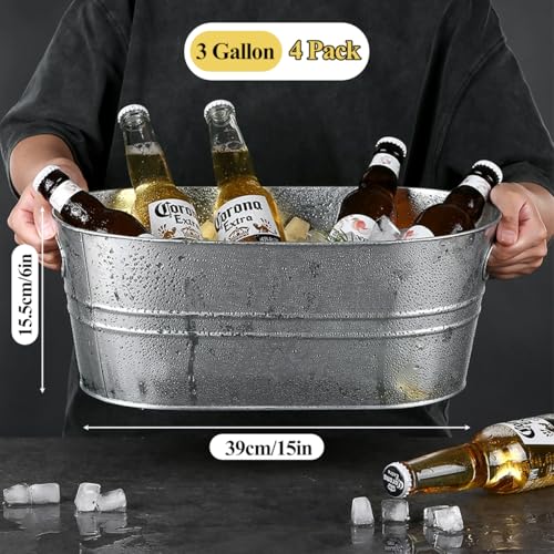 4 Pack Galvanized Tub 3.1 Gallon Ice Bucket Large Metal Drink Buckets for Parties Beer Beverage Tub with Carry Handles for...