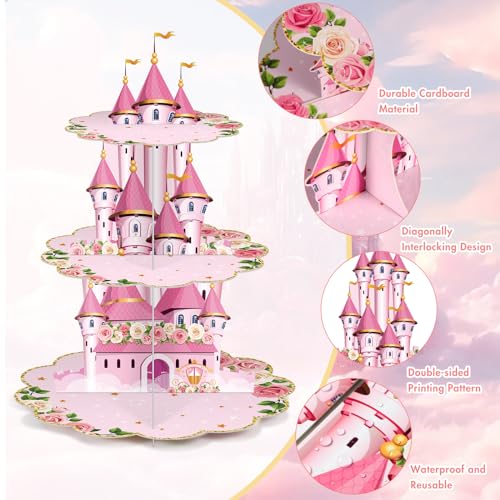 Zopeal 3 Tier Princess Birthday Cupcake Stand Party Decorations Floral Princess Cupcake Holder Pink Castle Crown Carriage ...