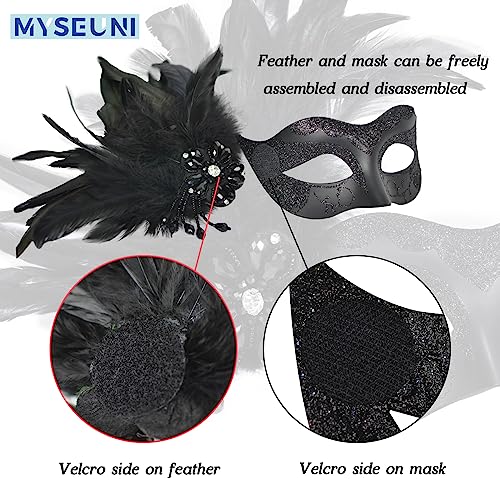 MYSEUNI Black Couples Masquerade Mask Set - Women's Masquerade Masks with Feathers & Venetian Mask for Men, Mardi Gras, Ha...