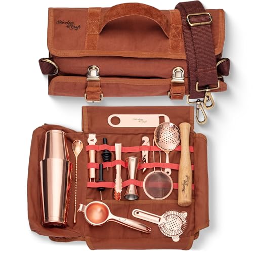 Travel Bartender Kit Bag | Professional 17-Piece Copper Bar Tool Set with Portable Bar Bag and Shoulder Strap for Easy Car...