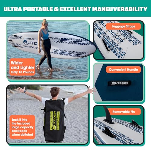 OutdoorCrusier Ultra-Portable Inflatable Stand-Up Paddle Board, Lightweight & Stable with Non-Slip Design, Complete SUP Ac...