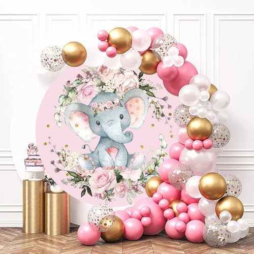 TTQYFNM 7x7ft Elephant Baby Shower Round Backdrop Watercolor Pink Floral Cute Elephant Circle Background for Photography G...