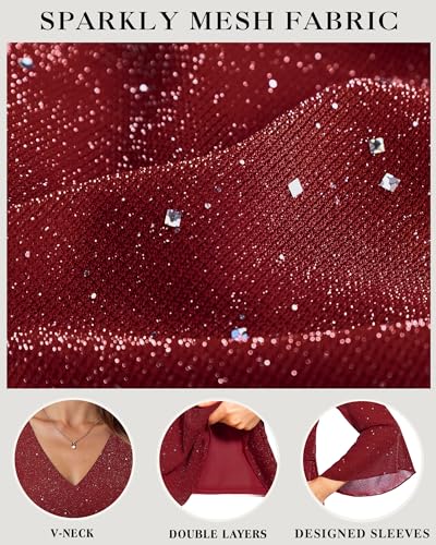 VALOLIA Womens Sparky Tops 3/4 Sleeve Glitter Sequin Shiny Dressy Blouses V Neck Party Evening Cocktail Shirts