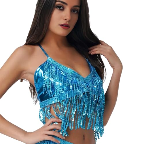 Wuchieal Women's Belly Dance Costume Sequin Bra Tassel Tops with Chest Party Club Wear Bra Top