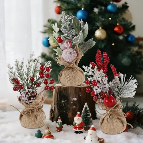 winemana 6 Pcs Mini Christmas Tree Table Decorations, 9" Small Artificial Trees with Red Berries Pine Cone Tabletop Center...