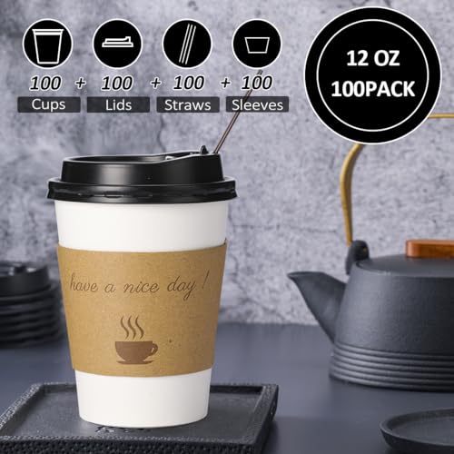 BYSNOW 100 pack 12 oz Disposable Thickened Coffee Cups with Lids, Scald Resistant Hot Cup with Sleeve and Straw, To Go Cof...