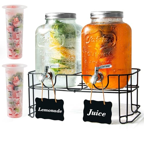 2-Pack 1-Gallon Glass Drink Dispensers for Parties - Beverage Dispenser with Stand and Stainless Steel Spigot, Lemonade & ...