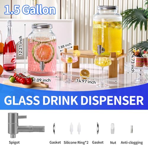 2 PCS Glass Drink Dispenser Set 1.5 Gallon With Stand, Spigot, Large Water Drink Dispensers for Parties for Lemonade, Juic...