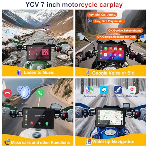 YCV 7" Wireless Motorcycle CarPlay with Android Auto, HD Waterproof GPS Navigation System Touchscreen, Anti-Theft Design Q...