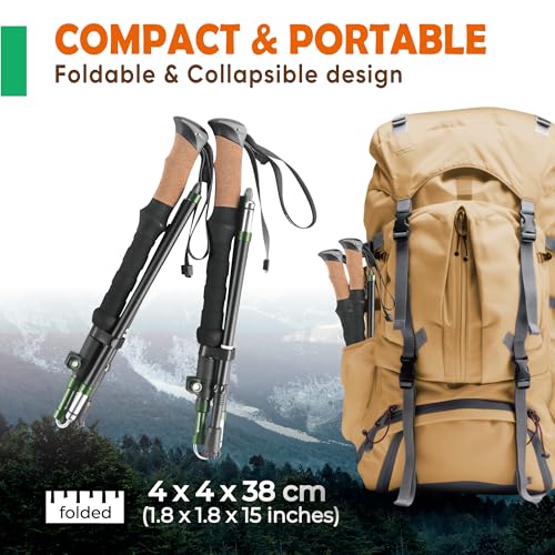 TREKOLOGY Trek-Z Cork Grip Trekking Poles Bundle with 6 Rubber Tip Replacements – Lightweight Folding Hiking Poles, Adjust...