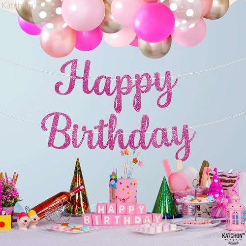 KatchOn, Glitter Hot Pink Cursive Happy Birthday Banner - Pre-Strung, 10 Feet | Birthday Decorations for Women, Girls | Hb...