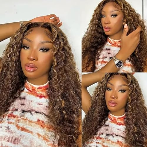 Highlight Ombre 13x4 HD Lace Front Human Hair Wig 26 inch 4/27 Deep Wave 180% Density Honey Blonde Curly Glueless Lace Frontal Wig For Women Pre Plucked with Baby Hair
