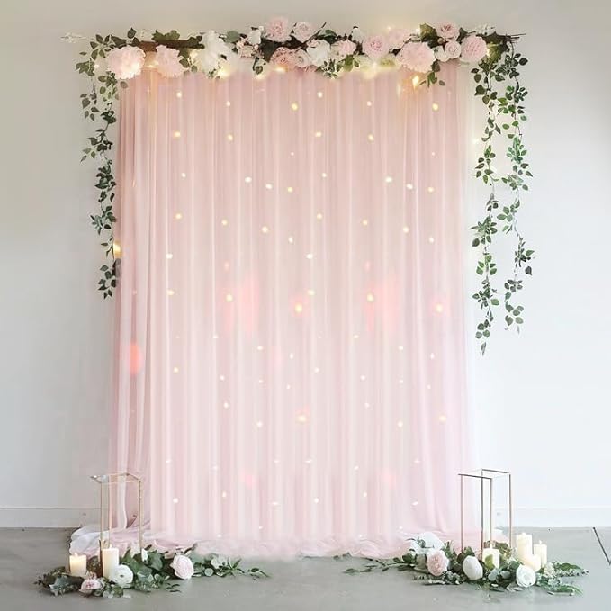 Pink Tulle Backdrop Curtain with String Lights, 2 Panels 5×8FT Sheer Wrinkle-Free Pink Backdrop Drapes for Wedding, Bridal...