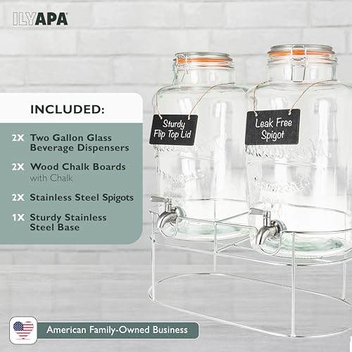 Ilyapa 2 pack 2 Gallon Glass Beverage Dispenser with Stand- Wide Mouth Mason Jar Drink Dispensers with Spigot - Leak Proof...
