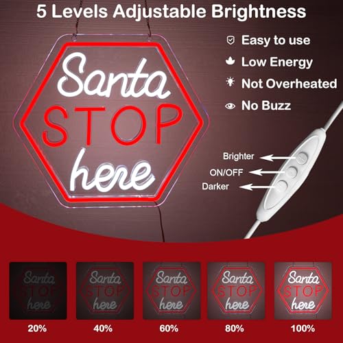 Santa Stop Here Neon Sign for Window Decor USB Powered Xmas Neon Wall Sign Festive Display Holiday Party Santa Stop Led Li...