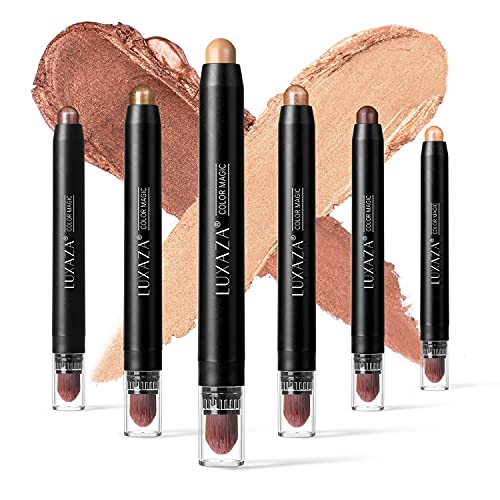 LUXAZA 6 PCS Brown Neutral Metallic Eyeshadow Stick, Light to Dark Brown Cream Shimmer Pencil Crayon, Pro Waterproof & Long Last